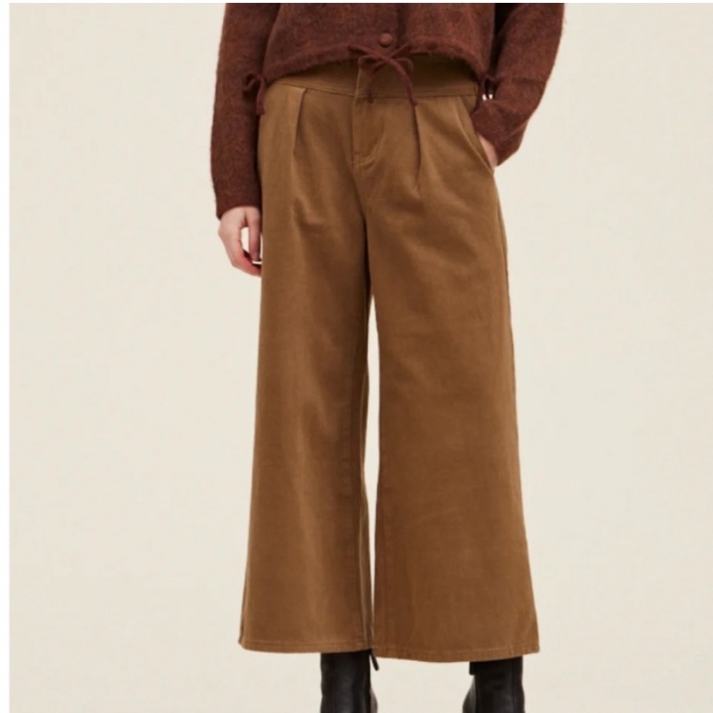 Grade & Gather Holbrook Brushed Twill Wide Leg Cropped Yoke Front Pants Brown